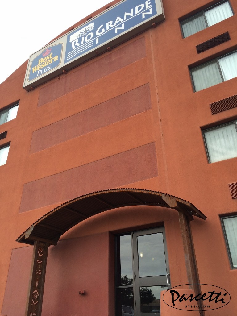 Commercial shade structures with rusted finish and plasma cut outs