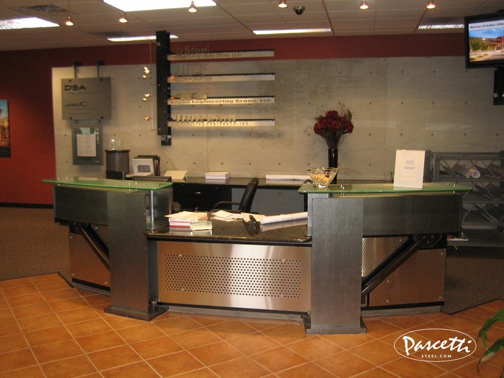conference reception area custom desk glass steel