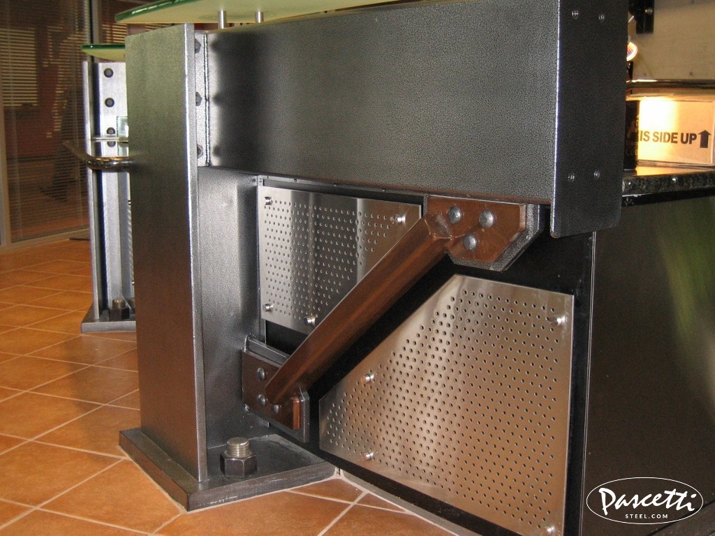 custom commercial steel reception desk with perforated metal panels and integrated lighting