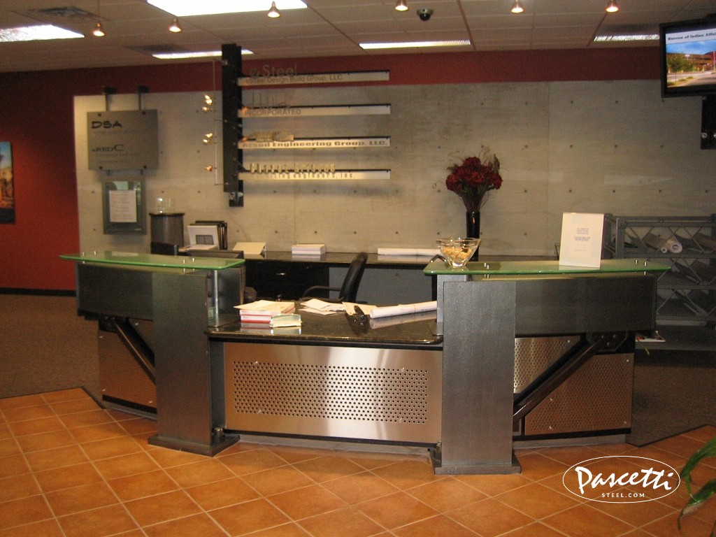conference reception area custom desk glass steel