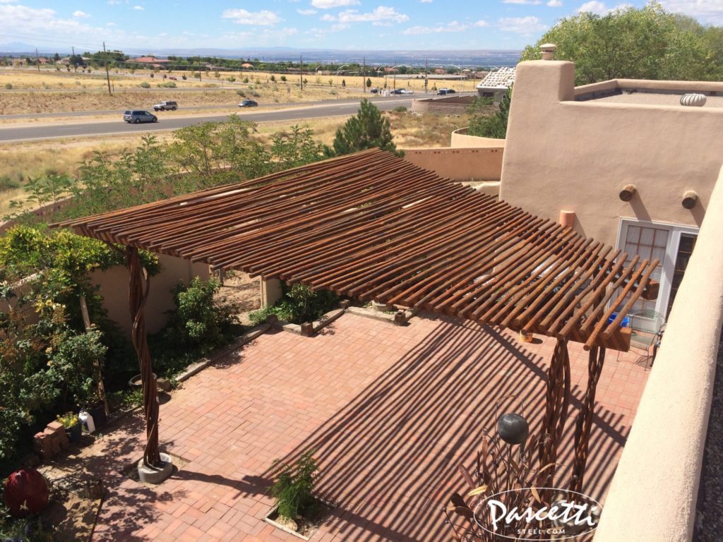 shade structures residential custom steel rusty metal pipes