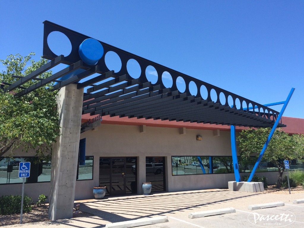 Commercial steel shade structure geometric pattern
