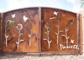 gates rusted custom steel sunflowers birds residentialGates Gates do much more than provide security and privacy; they also add beauty to homes and landscapes. Whether it's a simple steel picket gate for a patio, or one of our custom forged ornamental steel gates, we'll help you select the right gate and latch combination for your setting. Our plasma cut driveway gates are fabricated entirely by hand from raw material to finished product, preserving the human element of a trade thousands of years in the making. Every individual gate is unique in its own way. Gate designs for courtyards, patios, entries, pools and more A range of styles from steel picket, security, custom designed and gates for ornamental garden fencing. Choose from several latch styles to suit your needs. Any style can be converted to a pool gate with self-closing hinges and locks to meet code and safety requirements. Top corners of all gates are mitered, welded, and sanded smooth. Plastic caps are never used at Pascetti Steel.